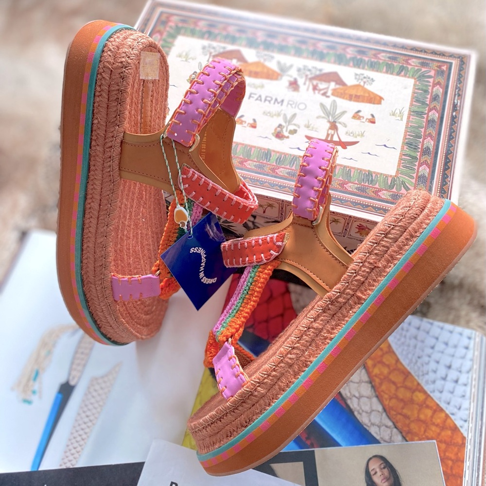 Farm Rio Artisanal Flatform Raffia Velcro Sandals - Picture 2 of 11